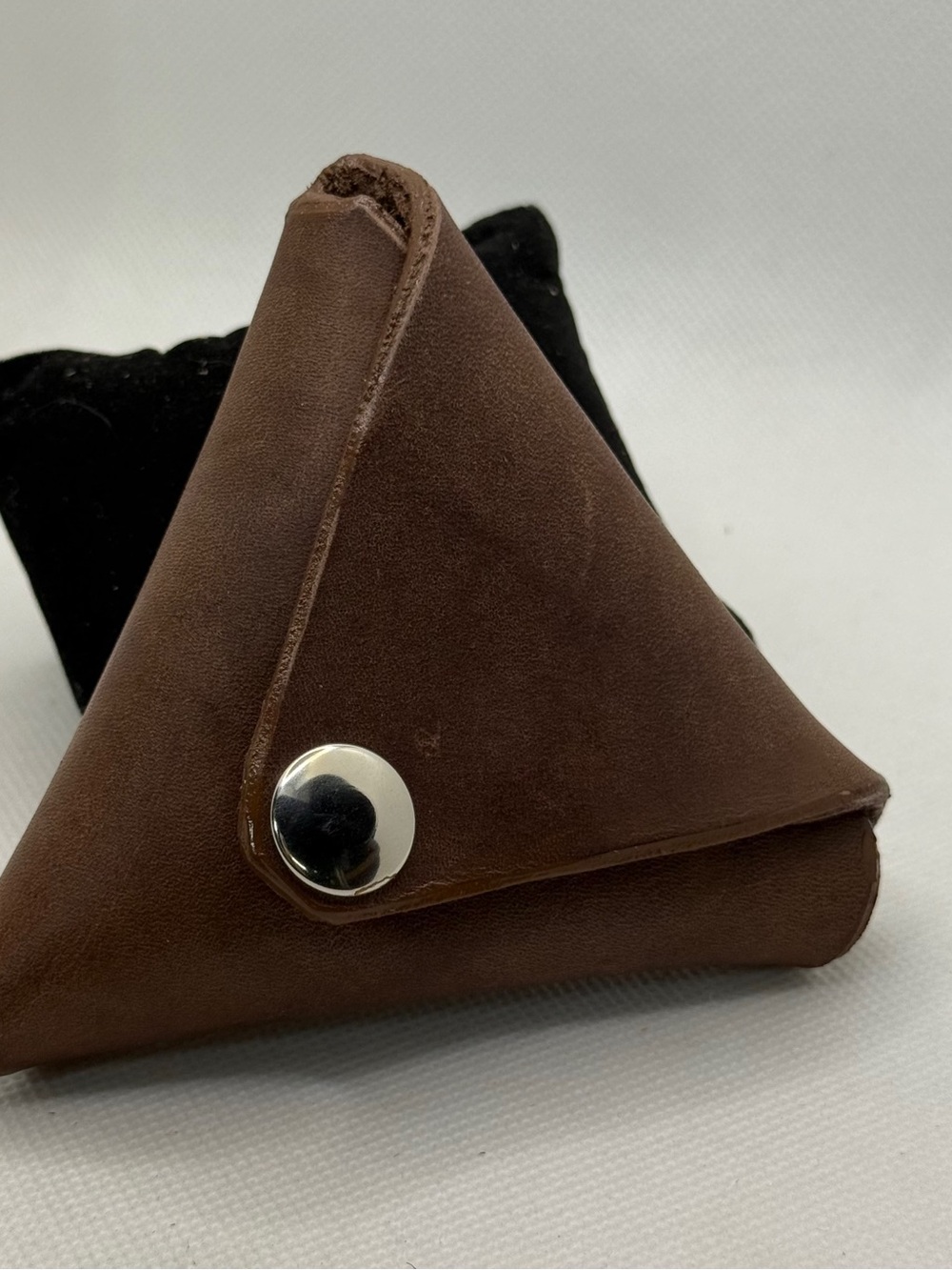 Handmade Brown Leather Triangular Coin Pouch with Snap Closure
